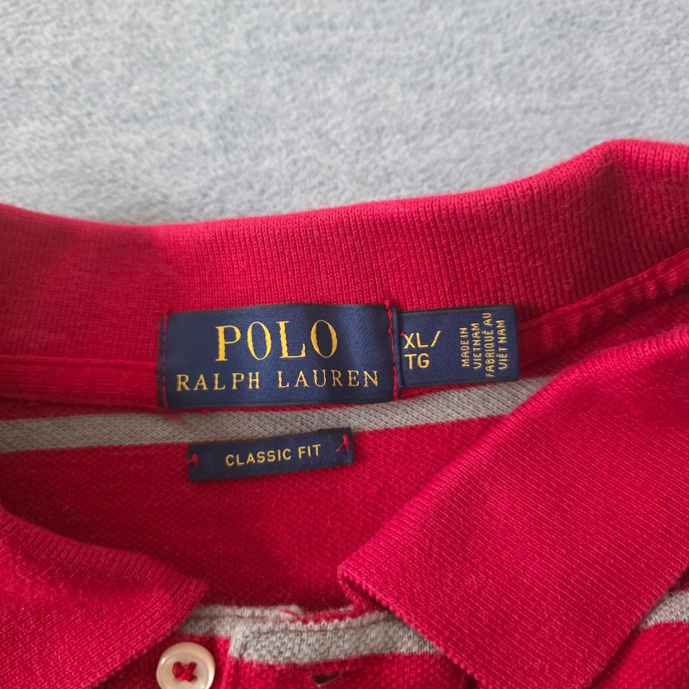 Polo Ralph Lauren Mens XL Classic Fit Striped Polo Shirt Red Grey Short Sleeve - Picture 3 of 8